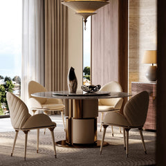 Sculptural Marble Dining Table with Lazy Susan and Warm Metallic Pedestal