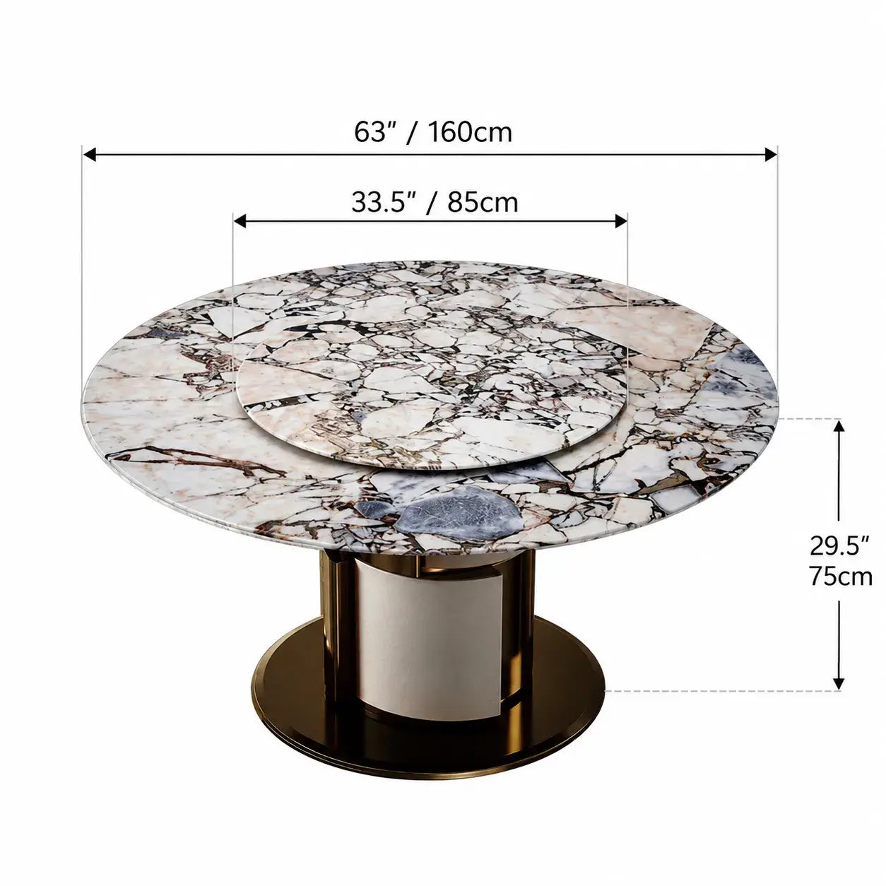 Sculptural Marble Dining Table with Lazy Susan and Warm Metallic Pedestal