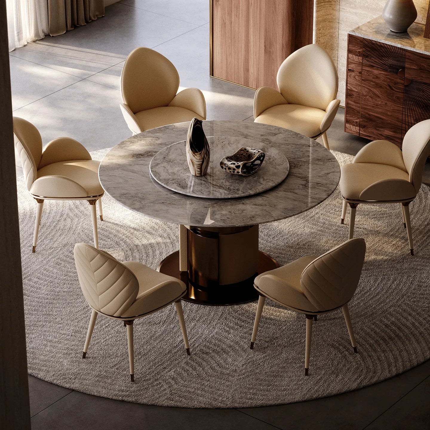 Sculptural Marble Dining Table with Lazy Susan and Warm Metallic Pedestal
