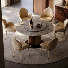 Sculptural Marble Dining Table with Lazy Susan and Warm Metallic Pedestal