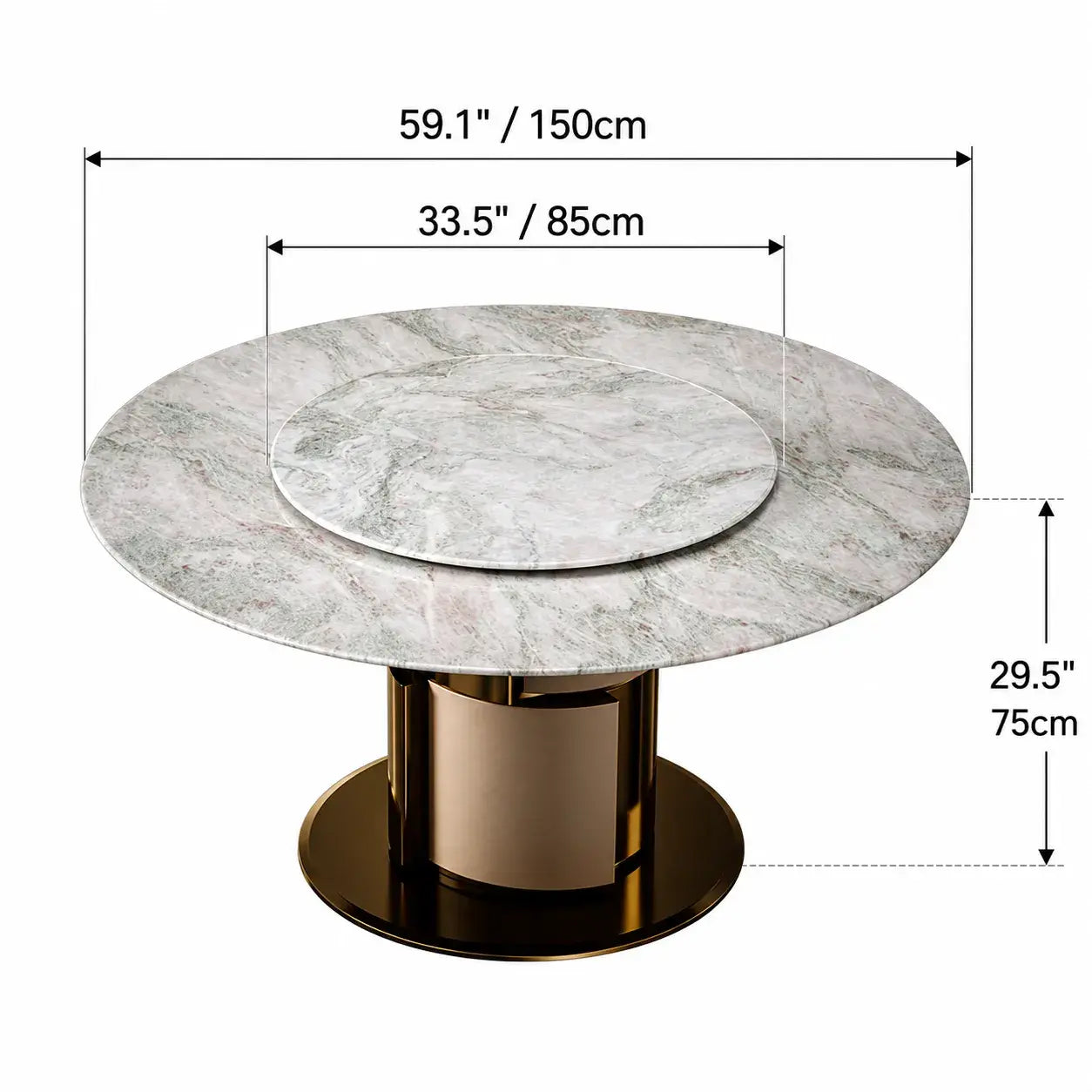 Sculptural Marble Dining Table with Lazy Susan and Warm Metallic Pedestal
