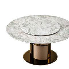 Sculptural Marble Dining Table with Lazy Susan and Warm Metallic Pedestal Main Product Image