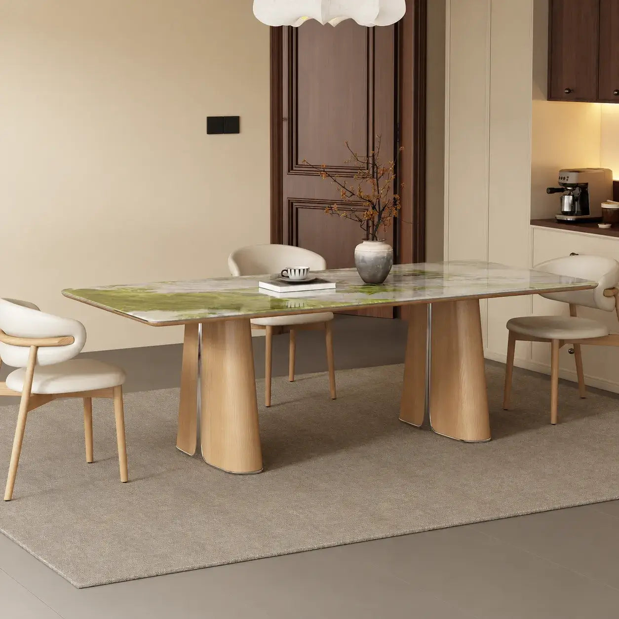 Sculptural Marble Dining Table with Rounded Top and Walnut Oak Bases