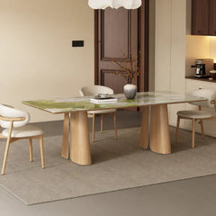 Sculptural Marble Dining Table with Rounded Top and Walnut Oak Bases