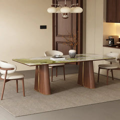 Sculptural Marble Dining Table with Rounded Top and Walnut Oak Bases