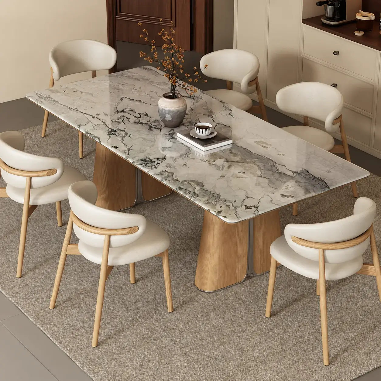 Sculptural Marble Dining Table with Rounded Top and Walnut Oak Bases