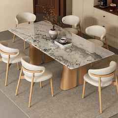 Sculptural Marble Dining Table with Rounded Top and Walnut Oak Bases