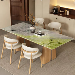 Sculptural Marble Dining Table with Rounded Top and Walnut Oak Bases