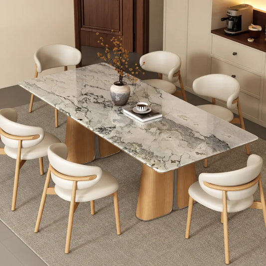 Sculptural Marble Dining Table with Rounded Top and Walnut Oak Bases