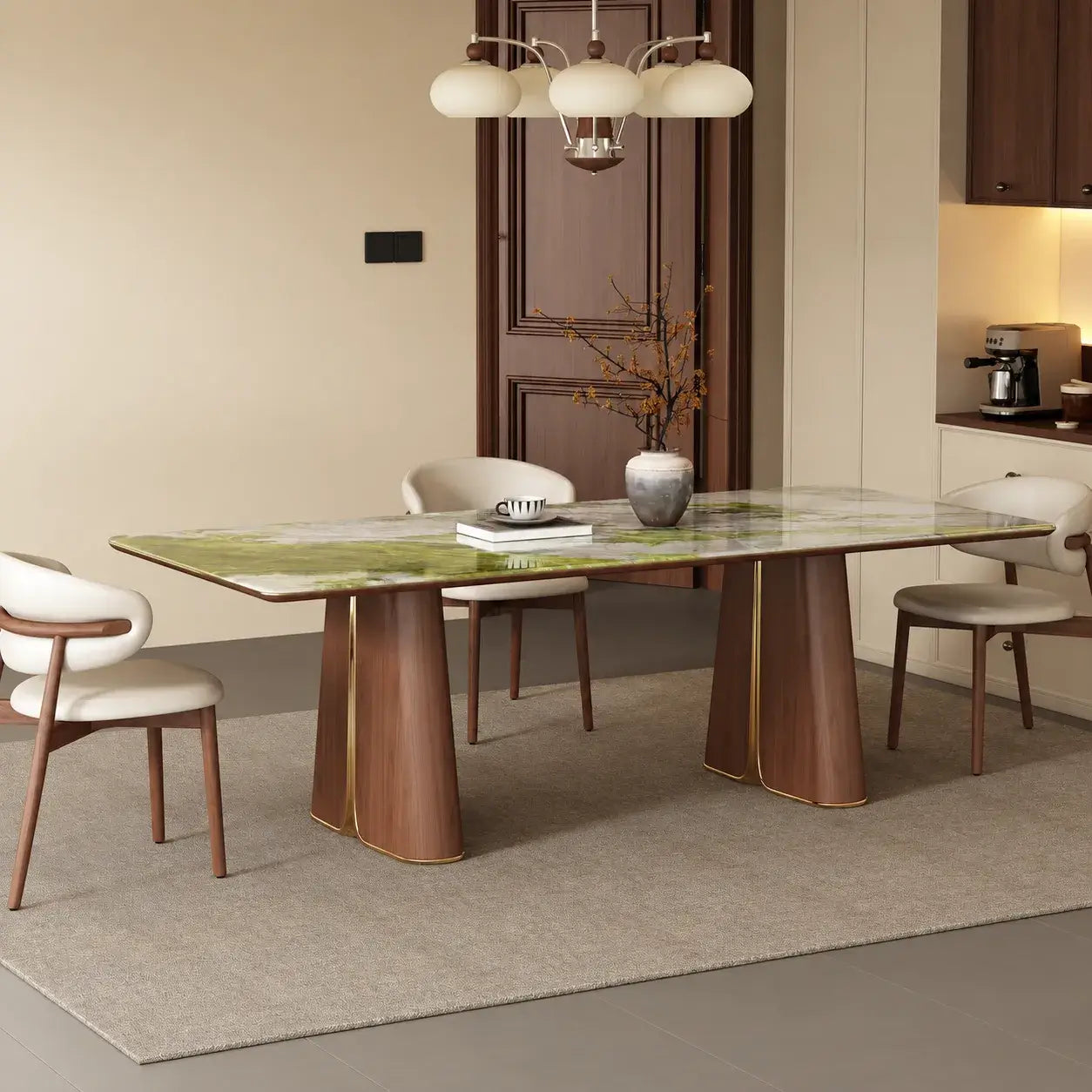 Sculptural Marble Dining Table with Rounded Top and Walnut Oak Bases