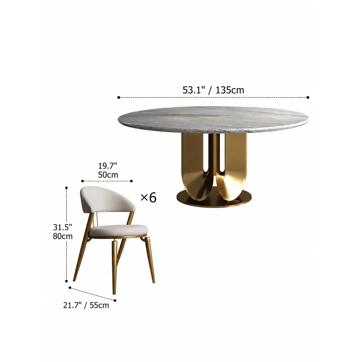 Sculptural Marble Table Dining Set with Gold Pedestal and Layered Support