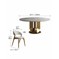 Sculptural Marble Table Dining Set with Gold Pedestal and Layered Support