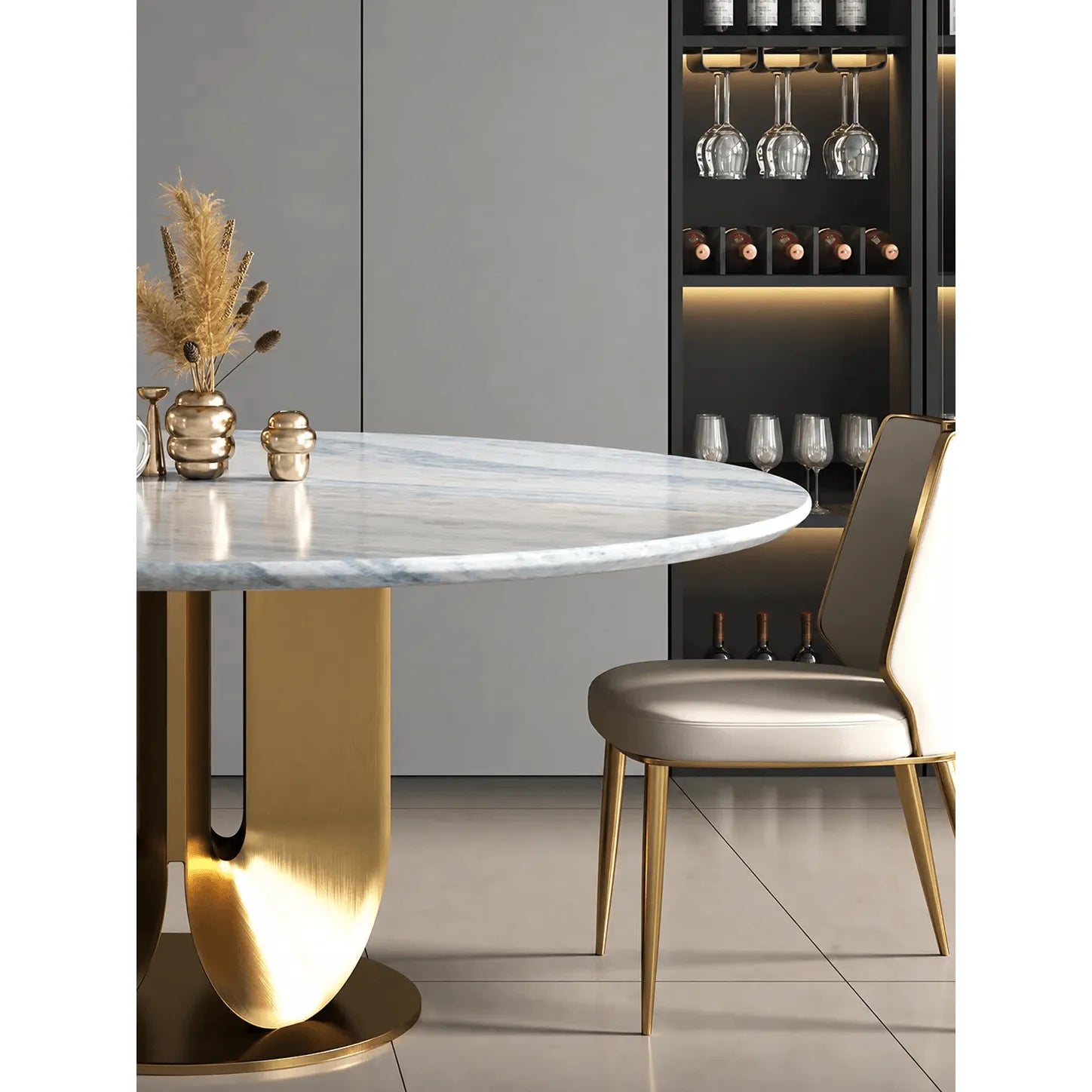 Sculptural Marble Table Dining Set with Gold Pedestal and Layered Support