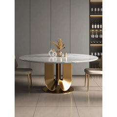 Sculptural Marble Table Dining Set with Gold Pedestal and Layered Support