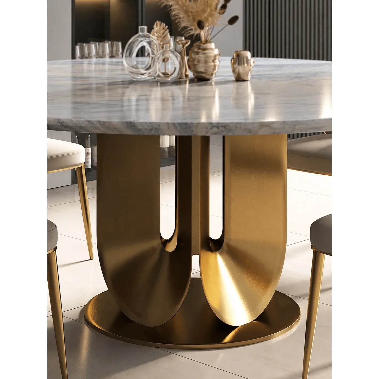 Sculptural Marble Table Dining Set with Gold Pedestal and Layered Support