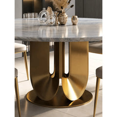Sculptural Marble Table Dining Set with Gold Pedestal and Layered Support