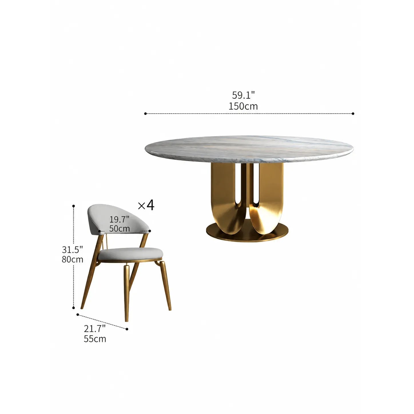 Sculptural Marble Table Dining Set with Gold Pedestal and Layered Support