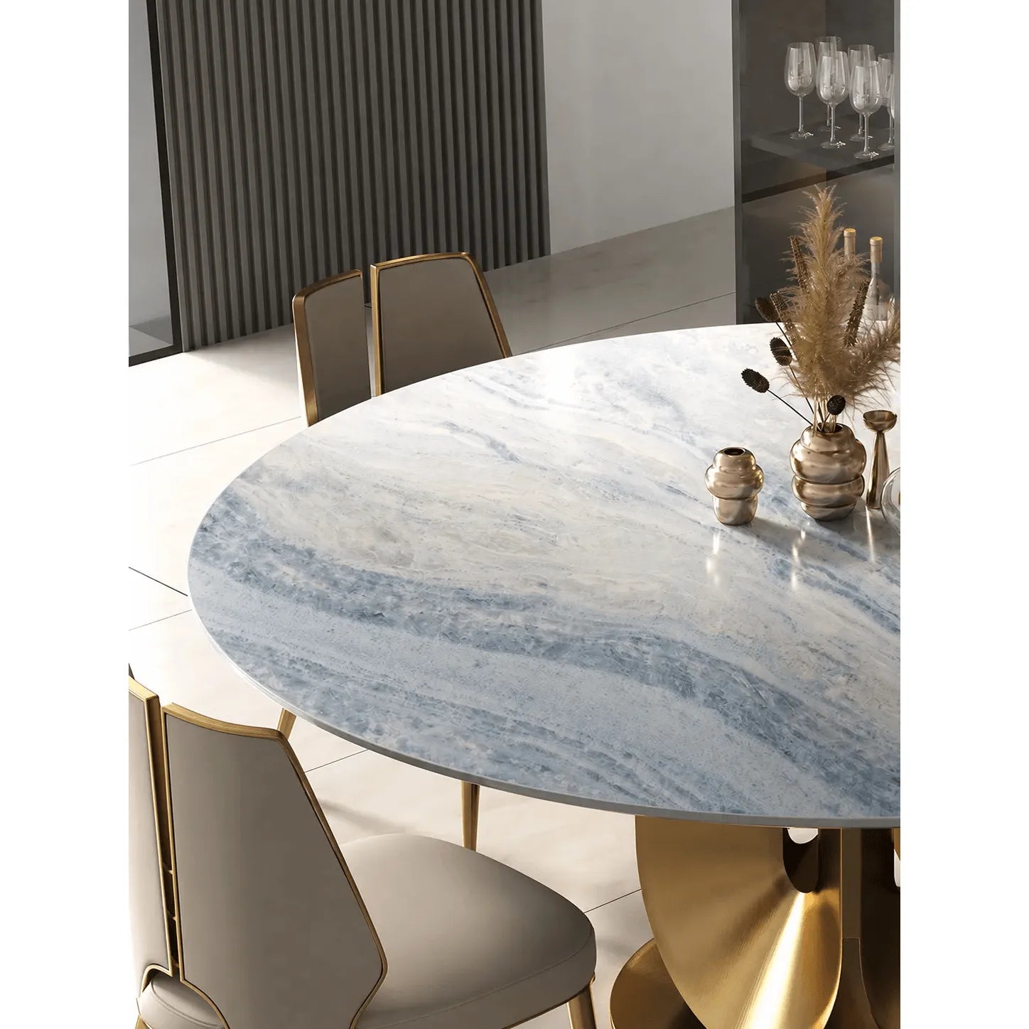 Sculptural Marble Table Dining Set with Gold Pedestal and Layered Support