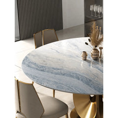 Sculptural Marble Table Dining Set with Gold Pedestal and Layered Support