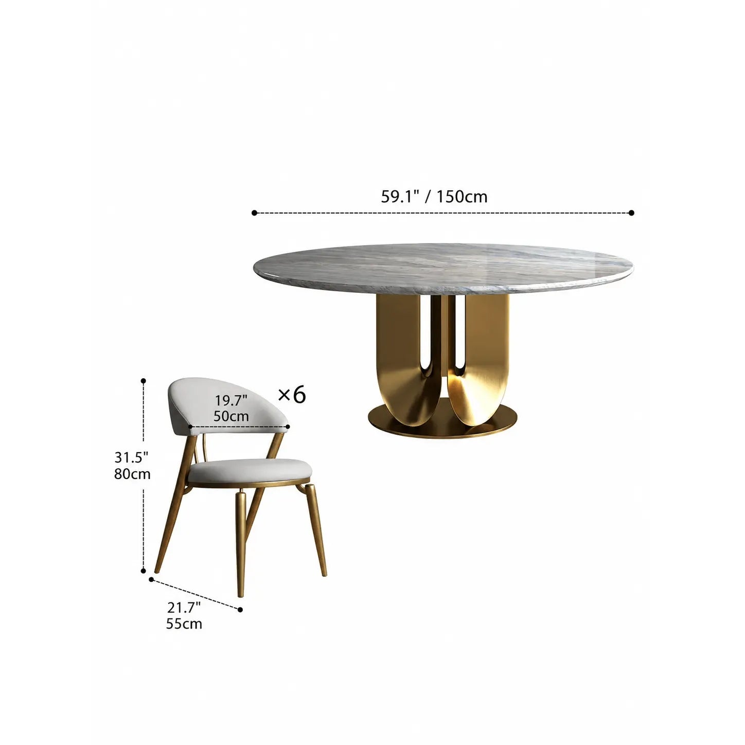 Sculptural Marble Table Dining Set with Gold Pedestal and Layered Support