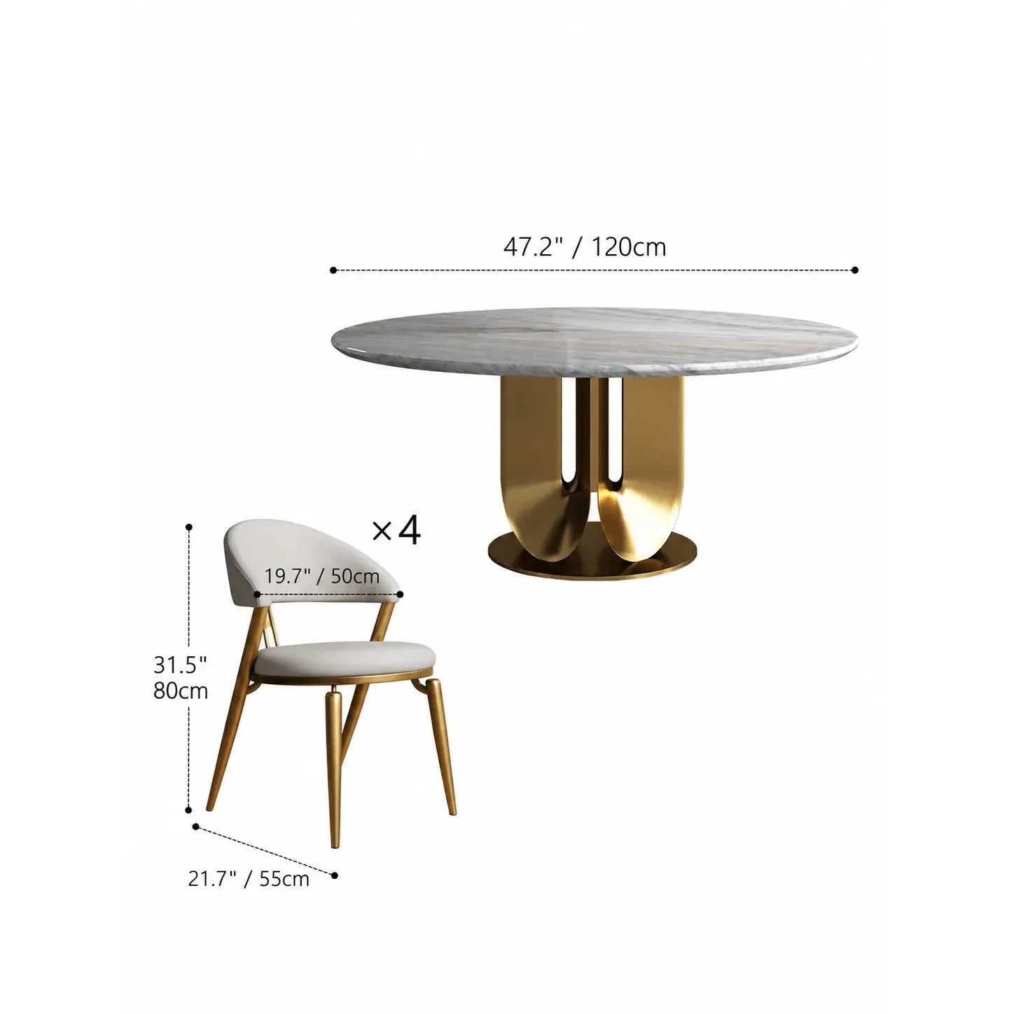 Sculptural Marble Table Dining Set with Gold Pedestal and Layered Support