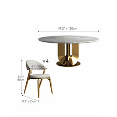 Sculptural Marble Table Dining Set with Gold Pedestal and Layered Support