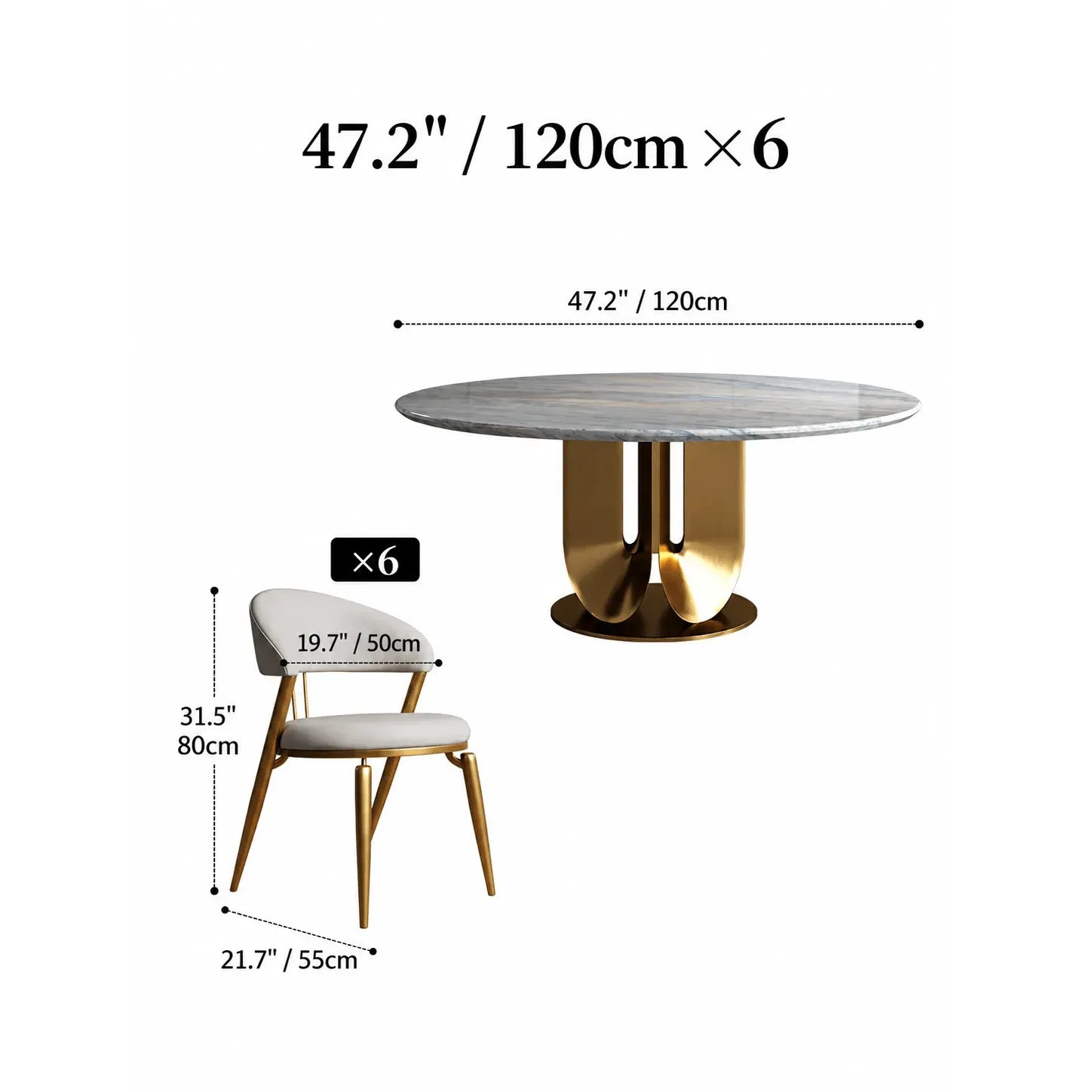 Sculptural Marble Table Dining Set with Gold Pedestal and Layered Support