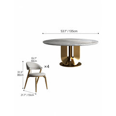 Sculptural Marble Table Dining Set with Gold Pedestal and Layered Support