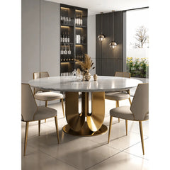 Sculptural Marble Table Dining Set with Gold Pedestal and Layered Support Main Product Image
