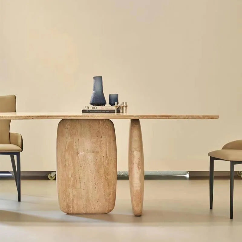 Sculptural Oval Travertine Dining Table with Warm Neutral Stone Base