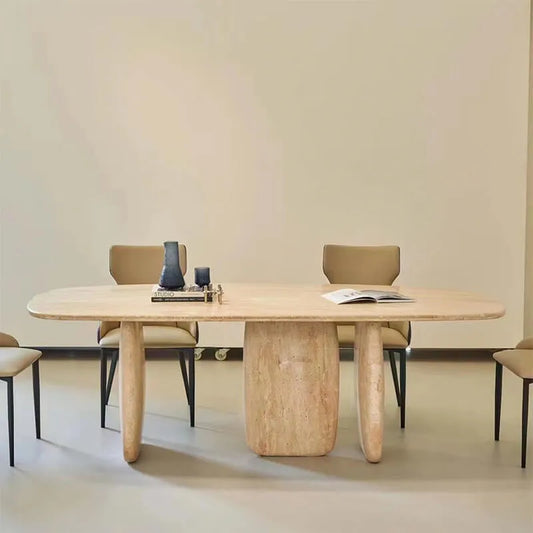 Sculptural Oval Travertine Dining Table with Warm Neutral Stone Base Main Product Image