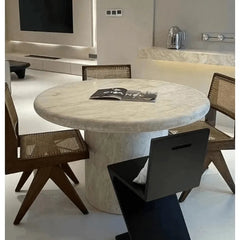 Sculptural Round Travertine Dining Table in Warm Beige, Spacious Pedestal Design
