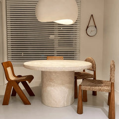 Sculptural Round Travertine Dining Table in Warm Beige, Spacious Pedestal Design