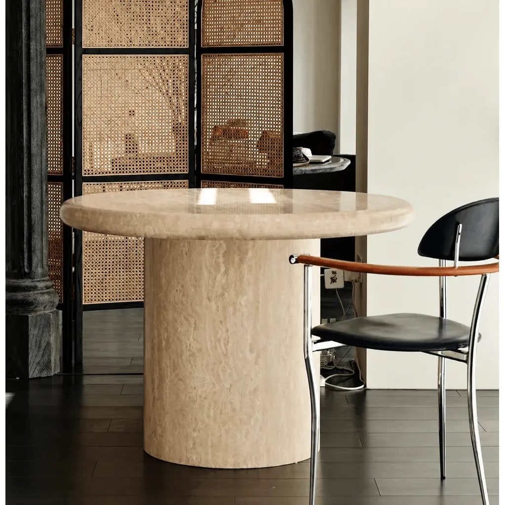 Sculptural Round Travertine Dining Table in Warm Beige, Spacious Pedestal Design