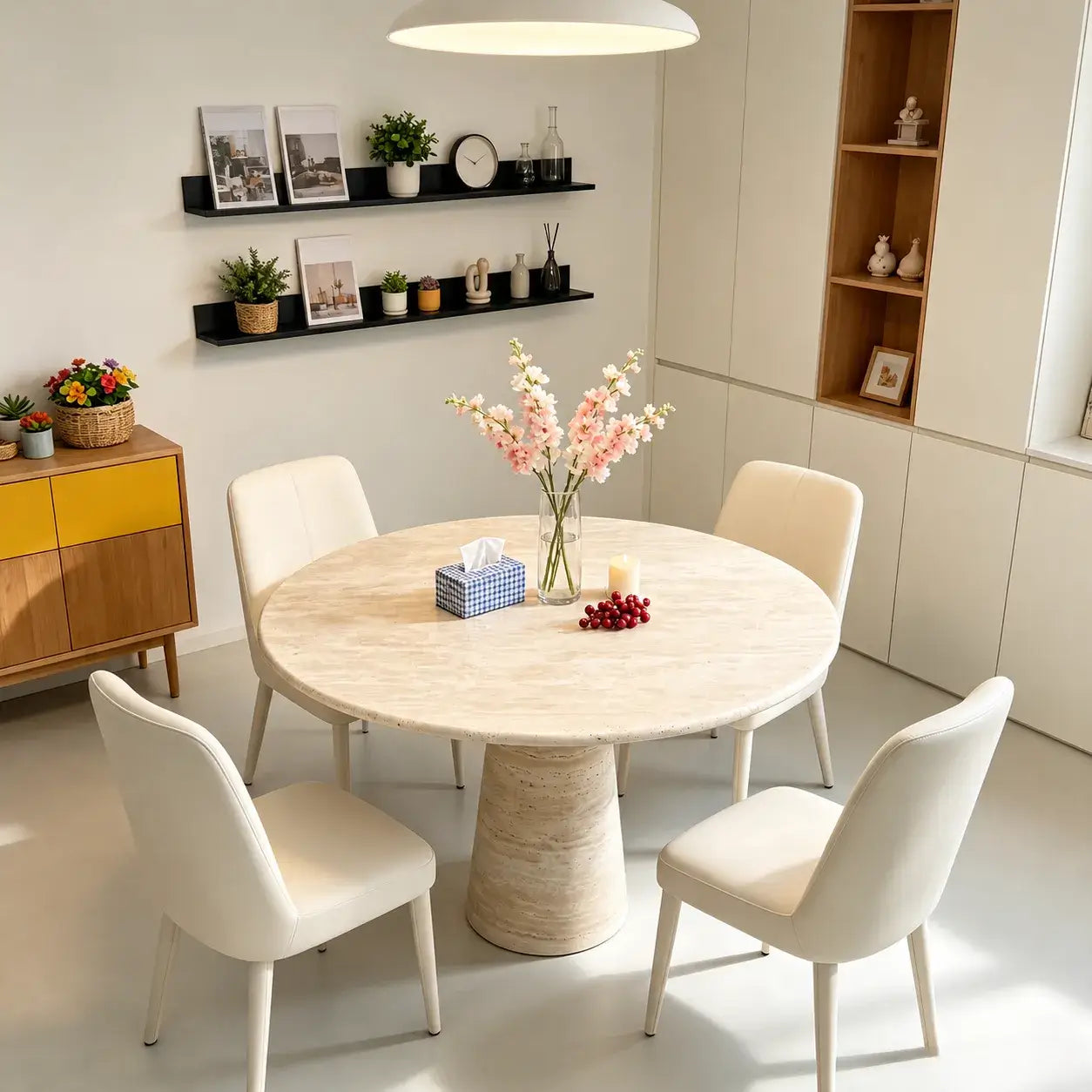 Sculptural Round Travertine Dining Table with Easy-Care Stone Look