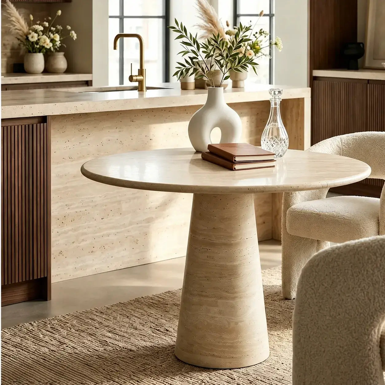 Sculptural Round Travertine Dining Table with Easy-Care Stone Look