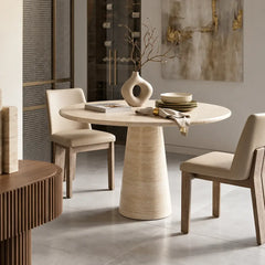 Sculptural Round Travertine Dining Table with Easy-Care Stone Look