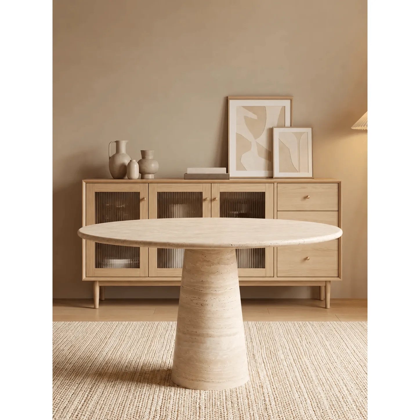 Sculptural Round Travertine Dining Table with Easy-Care Stone Look
