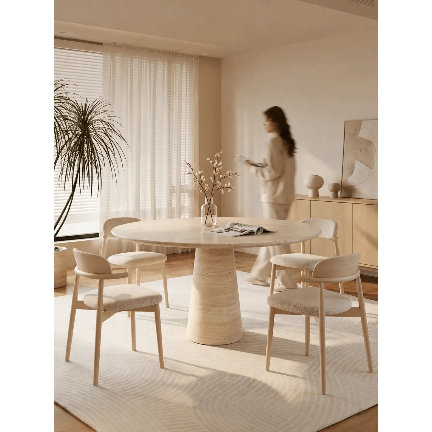 Sculptural Round Travertine Dining Table with Easy-Care Stone Look Main Product Image