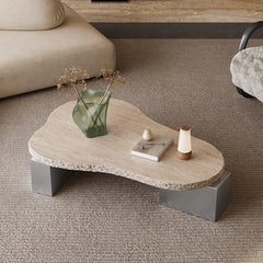 Sculptural Travertine Coffee Table with Irregular Top and Metal Base