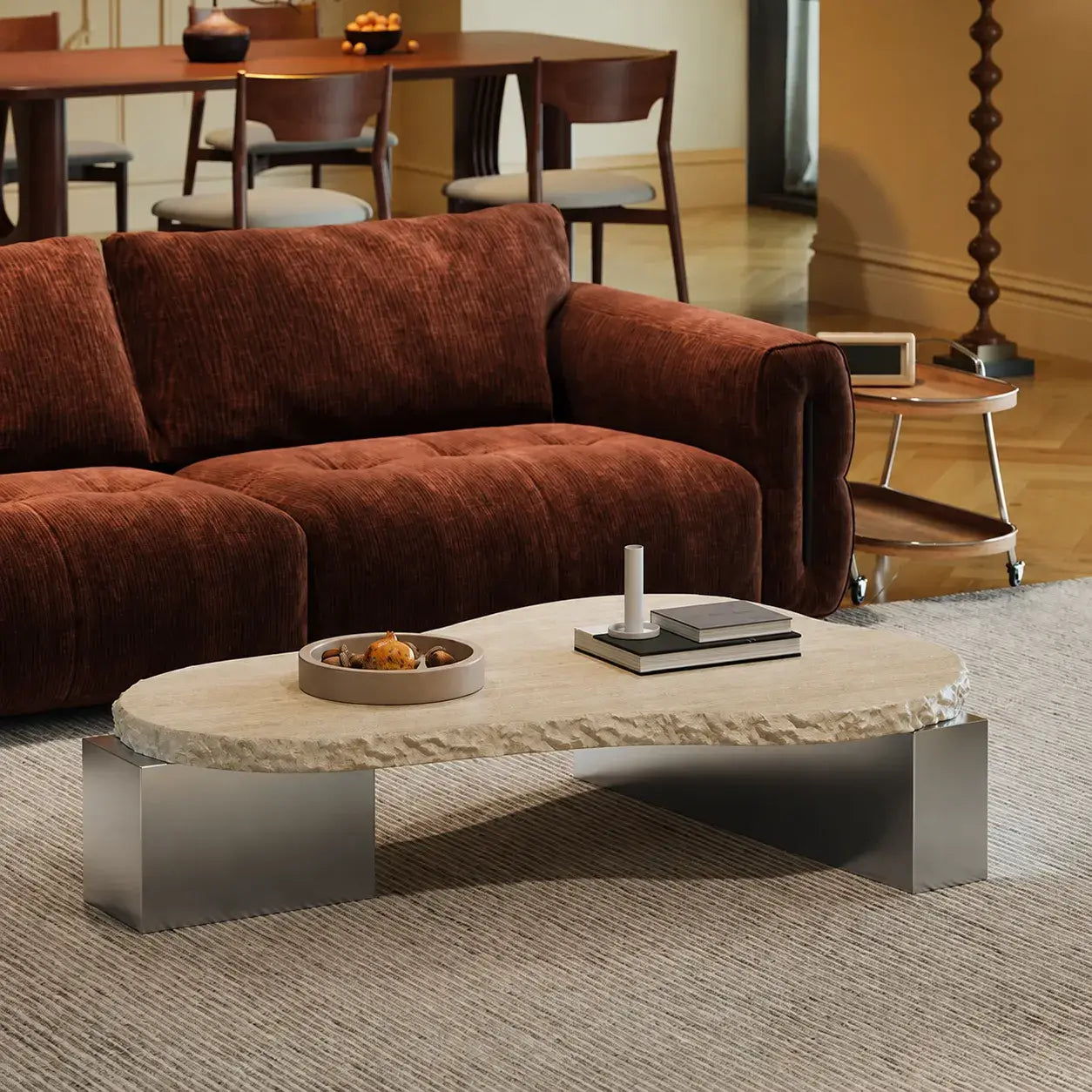 Sculptural Travertine Coffee Table with Irregular Top and Metal Base