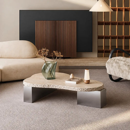 Sculptural Travertine Coffee Table with Irregular Top and Metal Base