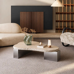 Sculptural Travertine Coffee Table with Irregular Top and Metal Base
