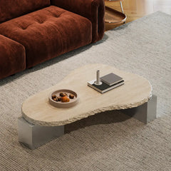 Sculptural Travertine Coffee Table with Irregular Top and Metal Base