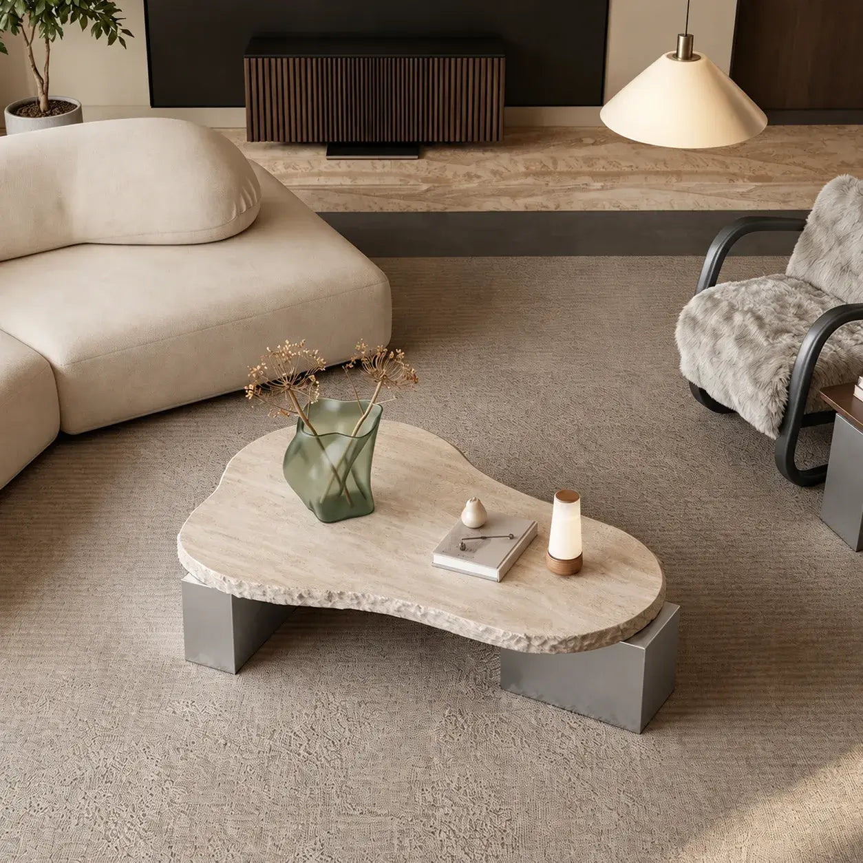 Sculptural Travertine Coffee Table with Irregular Top and Metal Base Main Product Image