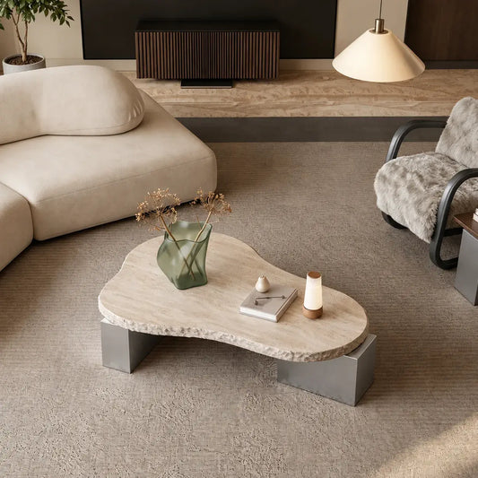 Sculptural Travertine Coffee Table with Irregular Top and Metal Base Main Product Image