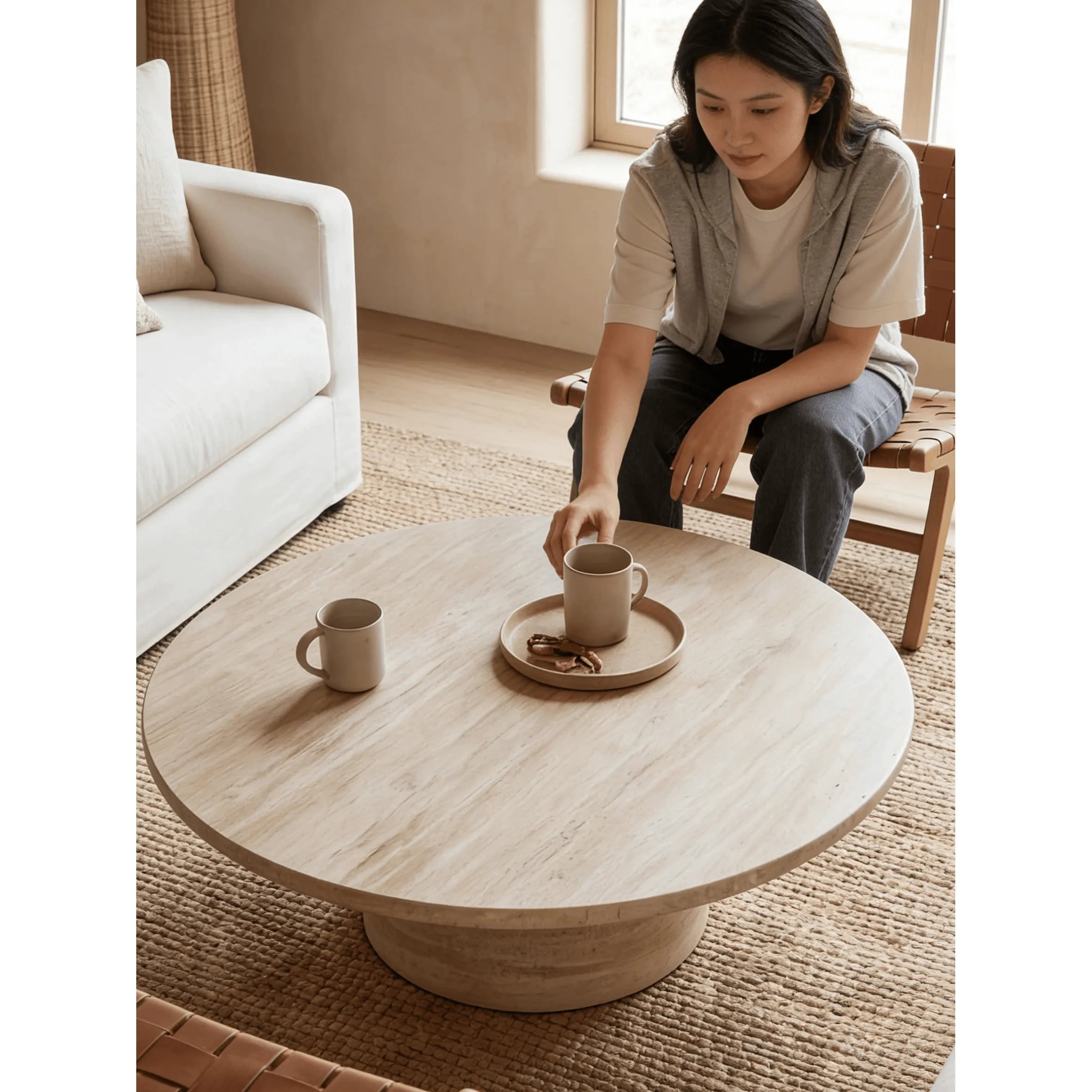 Sculptural Travertine Coffee Table with Rounded Edges and Calm Wabi-Sabi Form