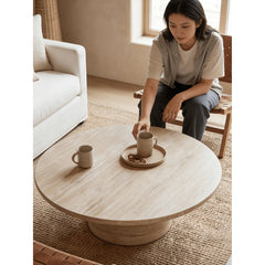 Sculptural Travertine Coffee Table with Rounded Edges and Calm Wabi-Sabi Form