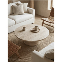 Sculptural Travertine Coffee Table with Rounded Edges and Calm Wabi-Sabi Form