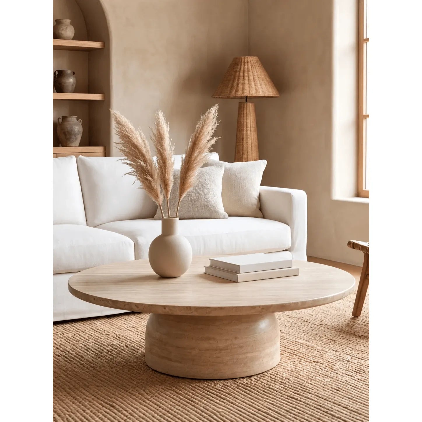 Sculptural Travertine Coffee Table with Rounded Edges and Calm Wabi-Sabi Form Main Product Image